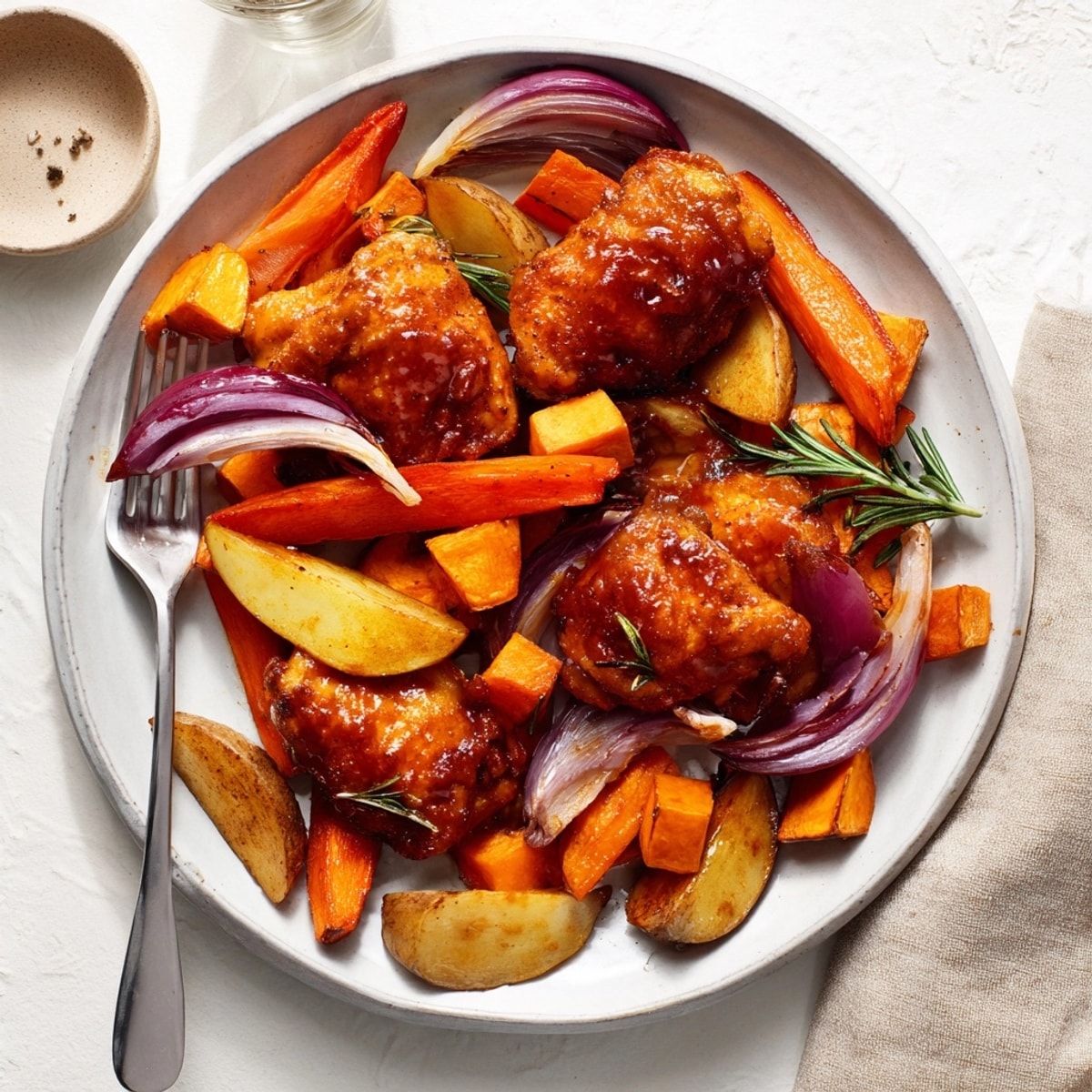 Crisp-skinned Honey-Glazed Chicken with soft, earthy Roasted Root Vegetables, fresh from the oven.