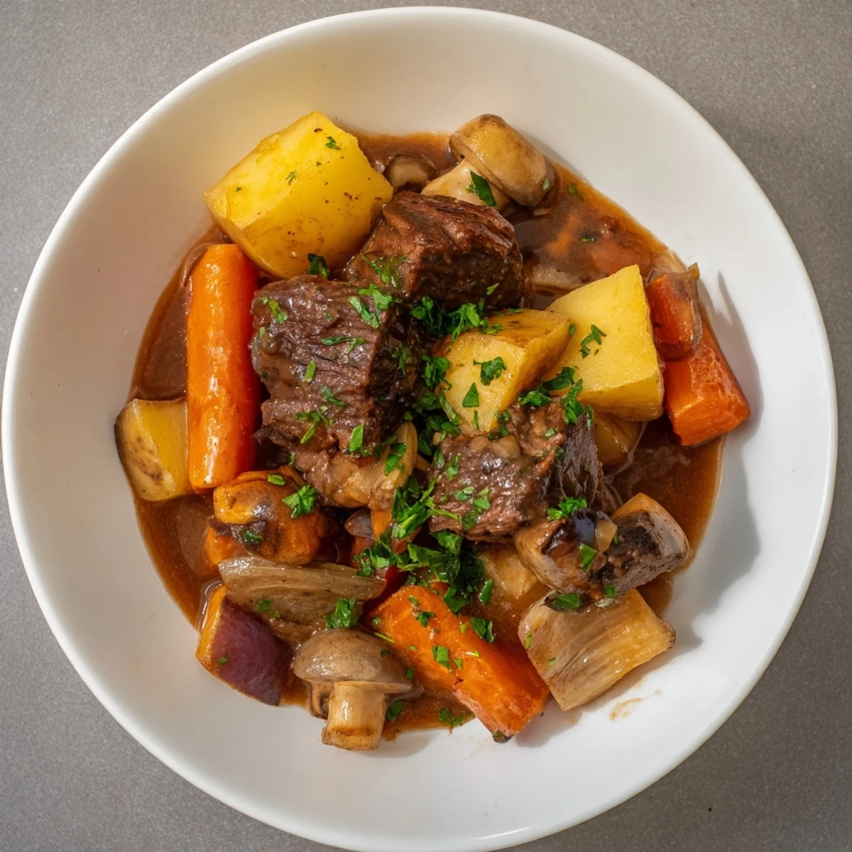 Earthy beef stew with crusty homemade bread, a steaming bowl with rich, savory broth and golden bread.