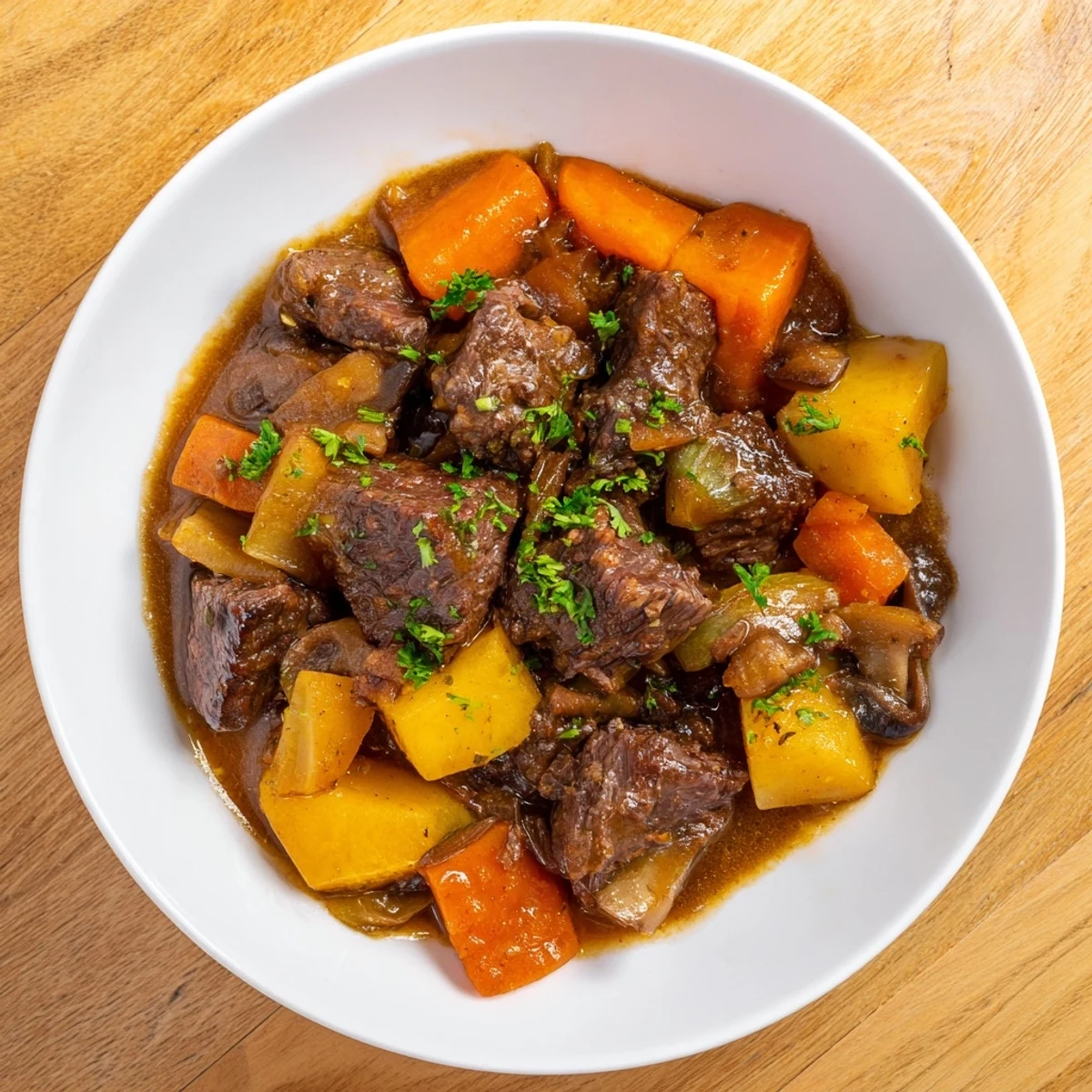 A close-up of hearty earthy beef stew served with slices of freshly baked crusty bread.