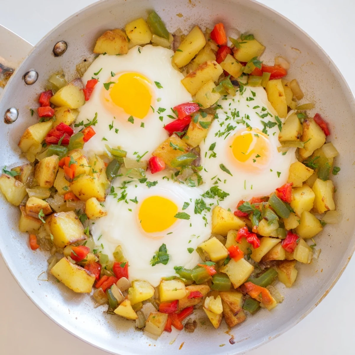 Golden potatoes and eggs cook in a skillet, creating a delicious Simple Skillet Egg and Potato Hash.