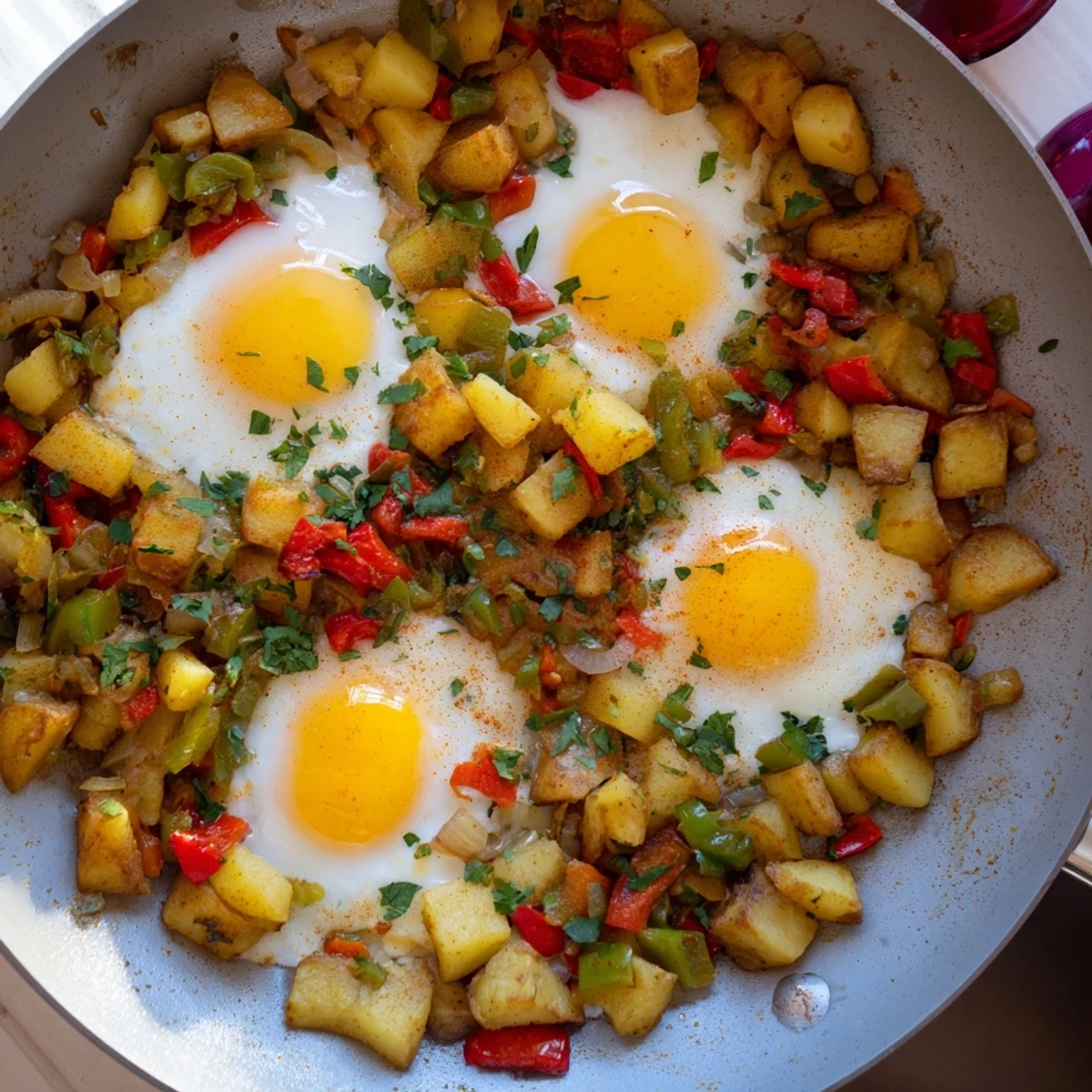 This Simple Skillet Egg and Potato Hash showcases fluffy eggs atop a colorful medley of vegetables.