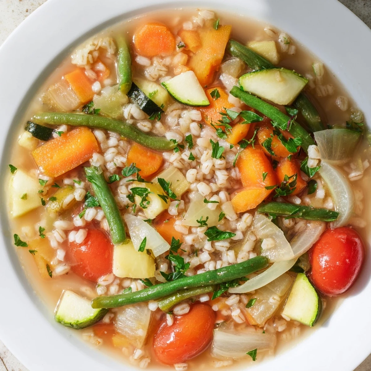 Steaming bowl of Simple Homemade Grain and Vegetable Soup, thick with barley and vibrant, colorful vegetables.