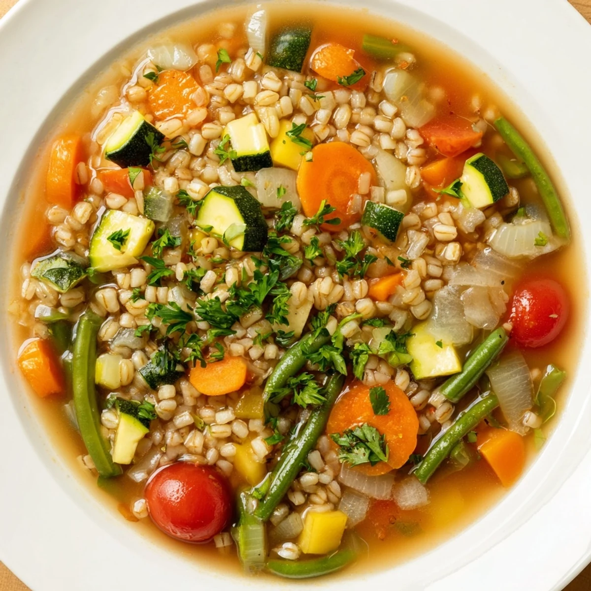 Hearty Simple Homemade Grain and Vegetable Soup, perfect for a warming vegetarian lunch on a chilly afternoon.