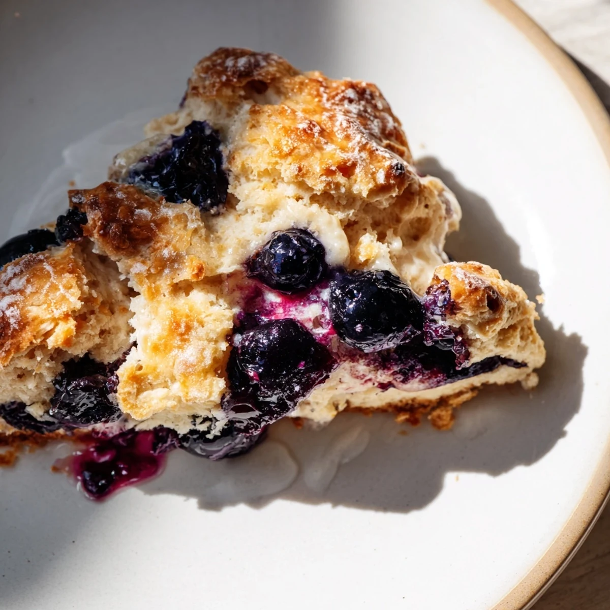 Golden brown Rustic Birch-Warm Blueberry Scones, filled with bursting blueberries, ready to eat with tea.