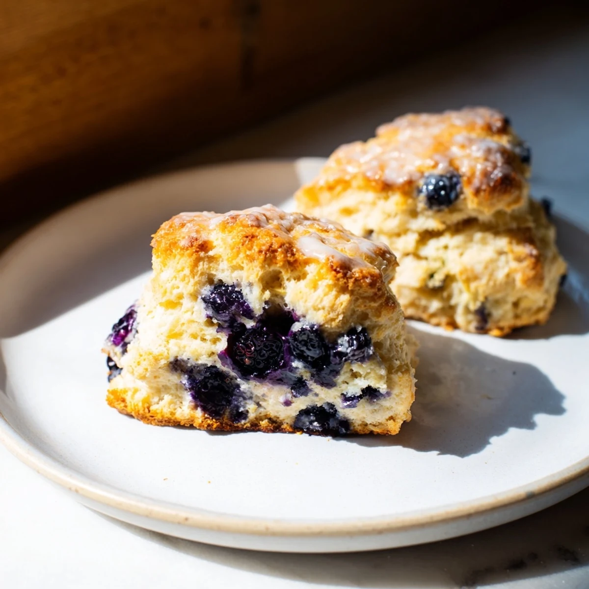 Freshly baked Rustic Birch-Warm Blueberry Scones, smelling of sweet berries and birch syrup, ideal for a warm treat.