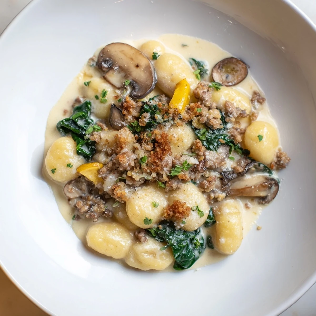 Golden-brown Woodsy Skillet Sausage and Mushroom Gnocchi, cooked in a creamy sauce, ready to serve.