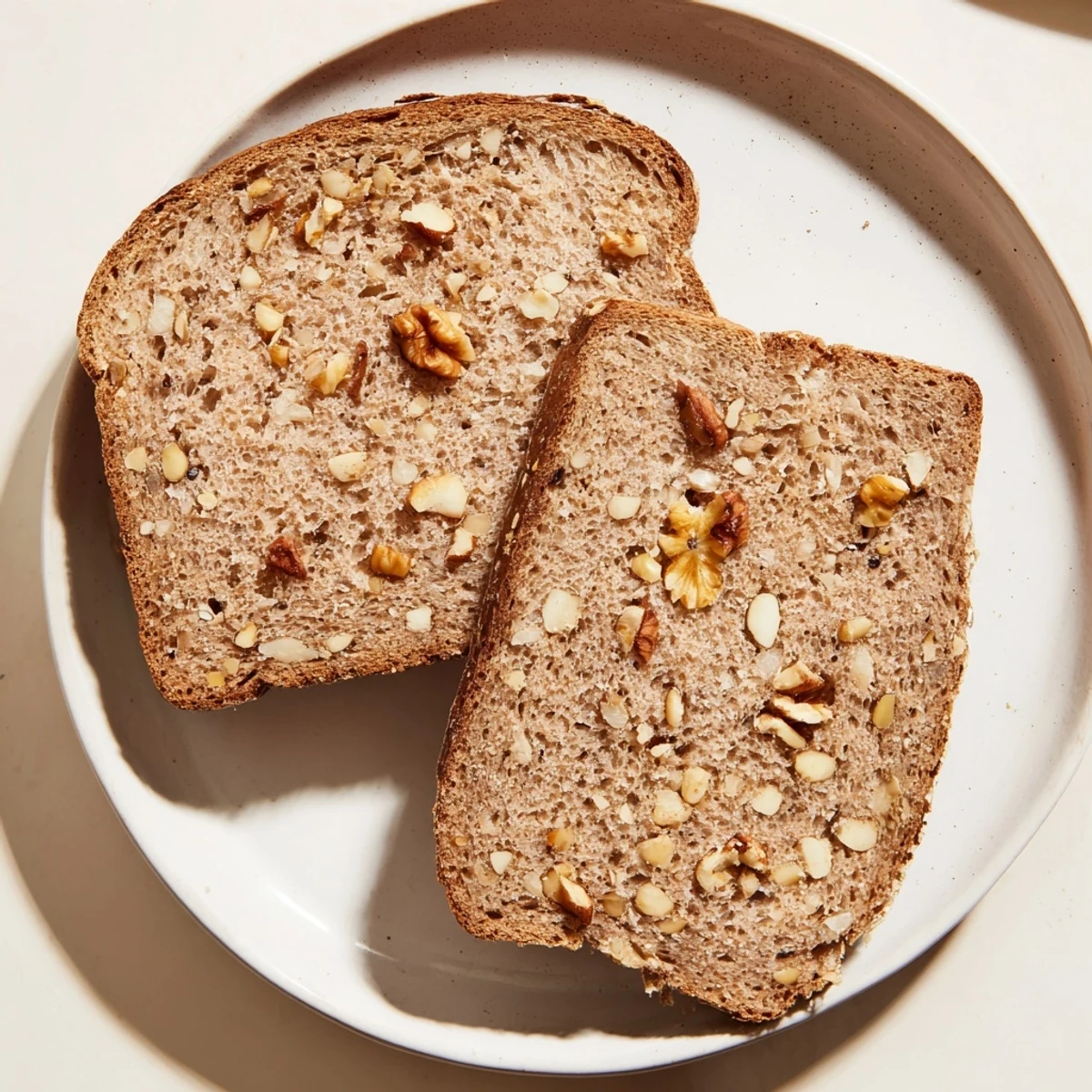 A beautifully sliced Nutty Whole Wheat Loaf Bread with a crunchy nut-studded crust.