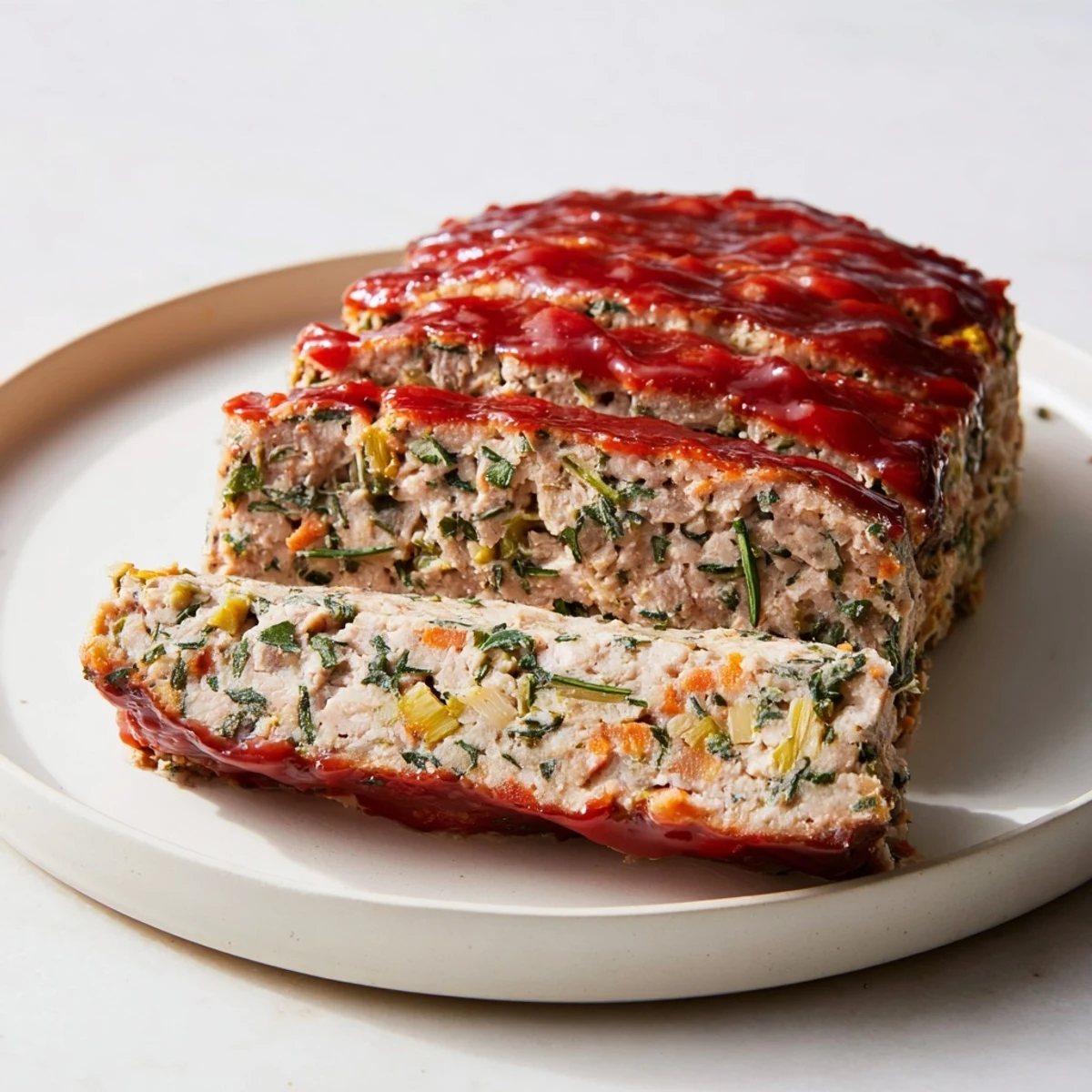 A perfectly baked everyday Herb-Sprigged Turkey Meatloaf with a glistening, sweet ketchup glaze.