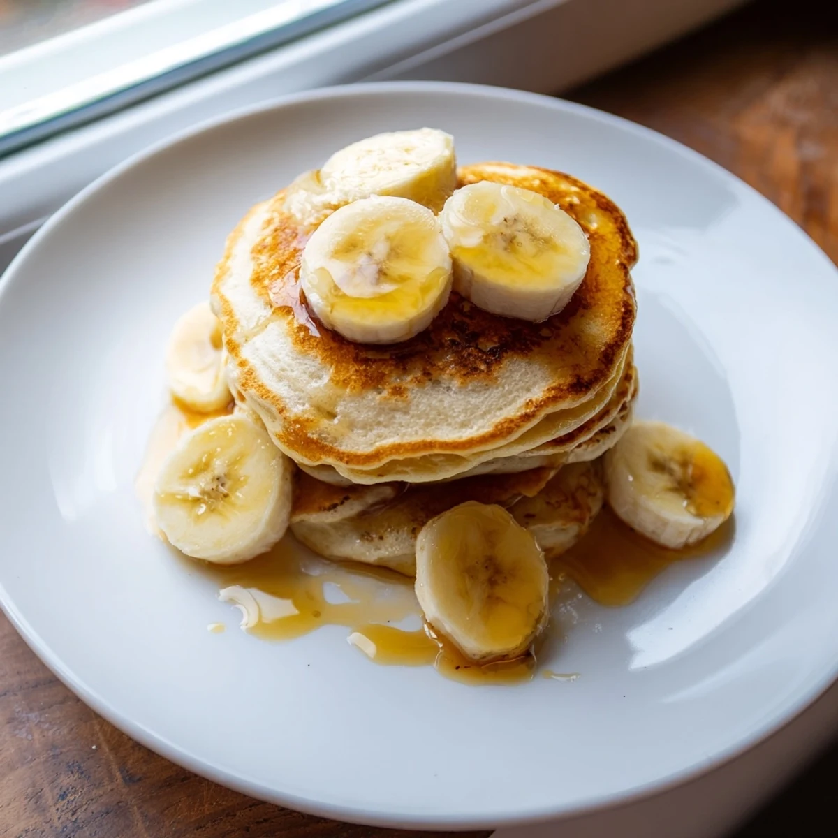 Golden-brunch banana pancakes, stacked high, drizzled with warm maple syrup, perfect for a cozy weekend.