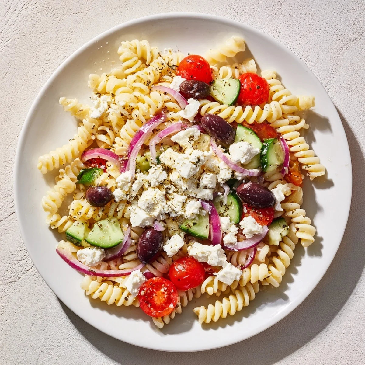 Mediterranean Olive Oil and Feta Pasta Salad, a colorful mix of flavors, ready to enjoy with a chilled glass.