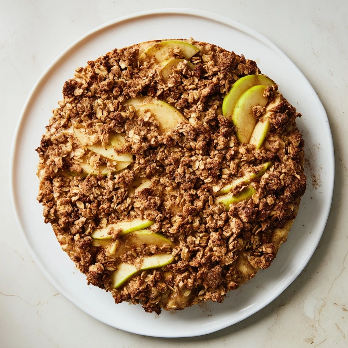 Warm Rustic Apple and Cinnamon Crumble image featuring a bubbly, golden topping and tender baked apples.