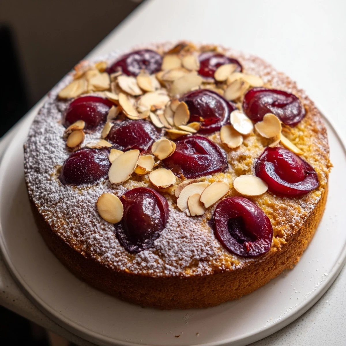 Golden-brown Soft Sweet Plum-Infused Almond Cake, topped with sugared plums, perfect with coffee.