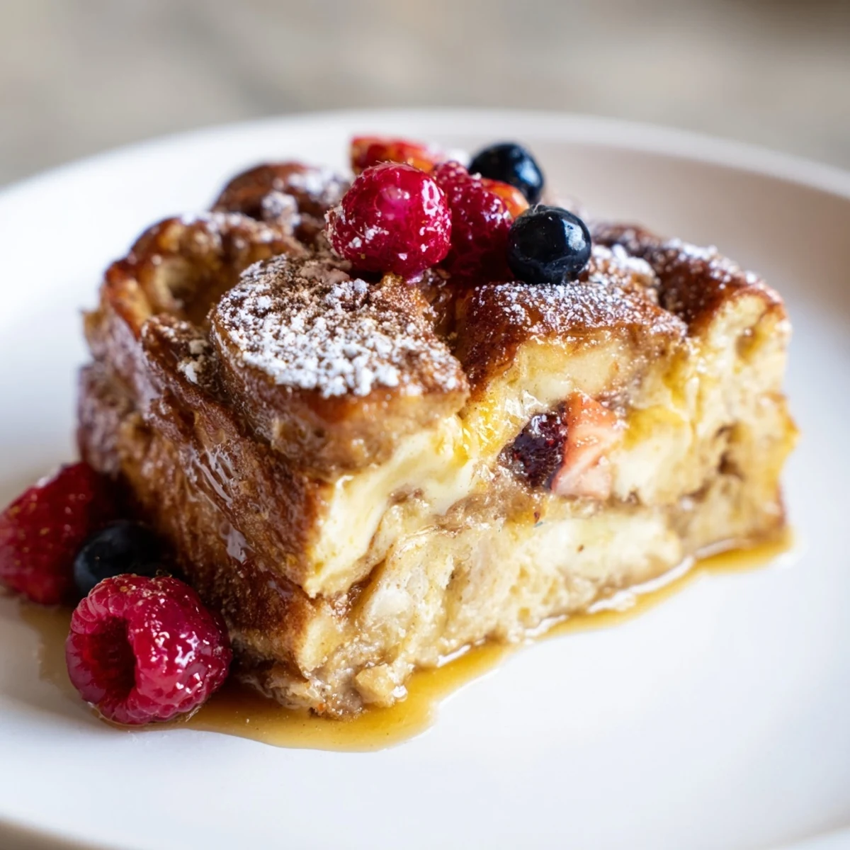 Golden-brown soft spice baked French toast casserole, a comforting breakfast with optional fresh berry topping.