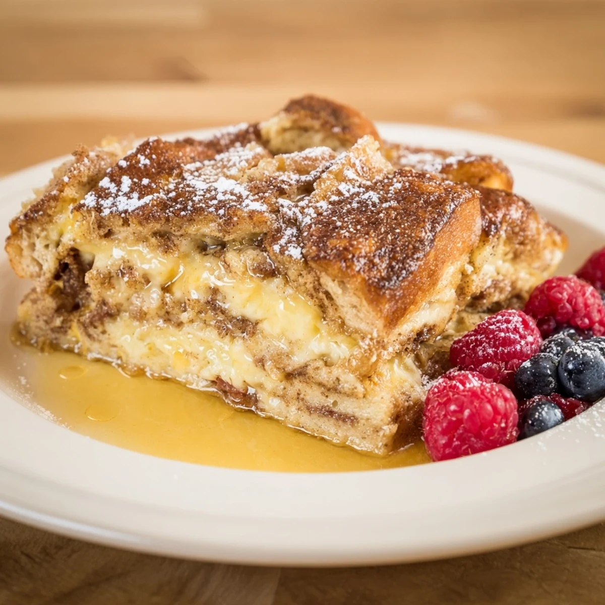 Overlapping bread slices soaking in custard before baking this soft spice baked French toast casserole recipe.