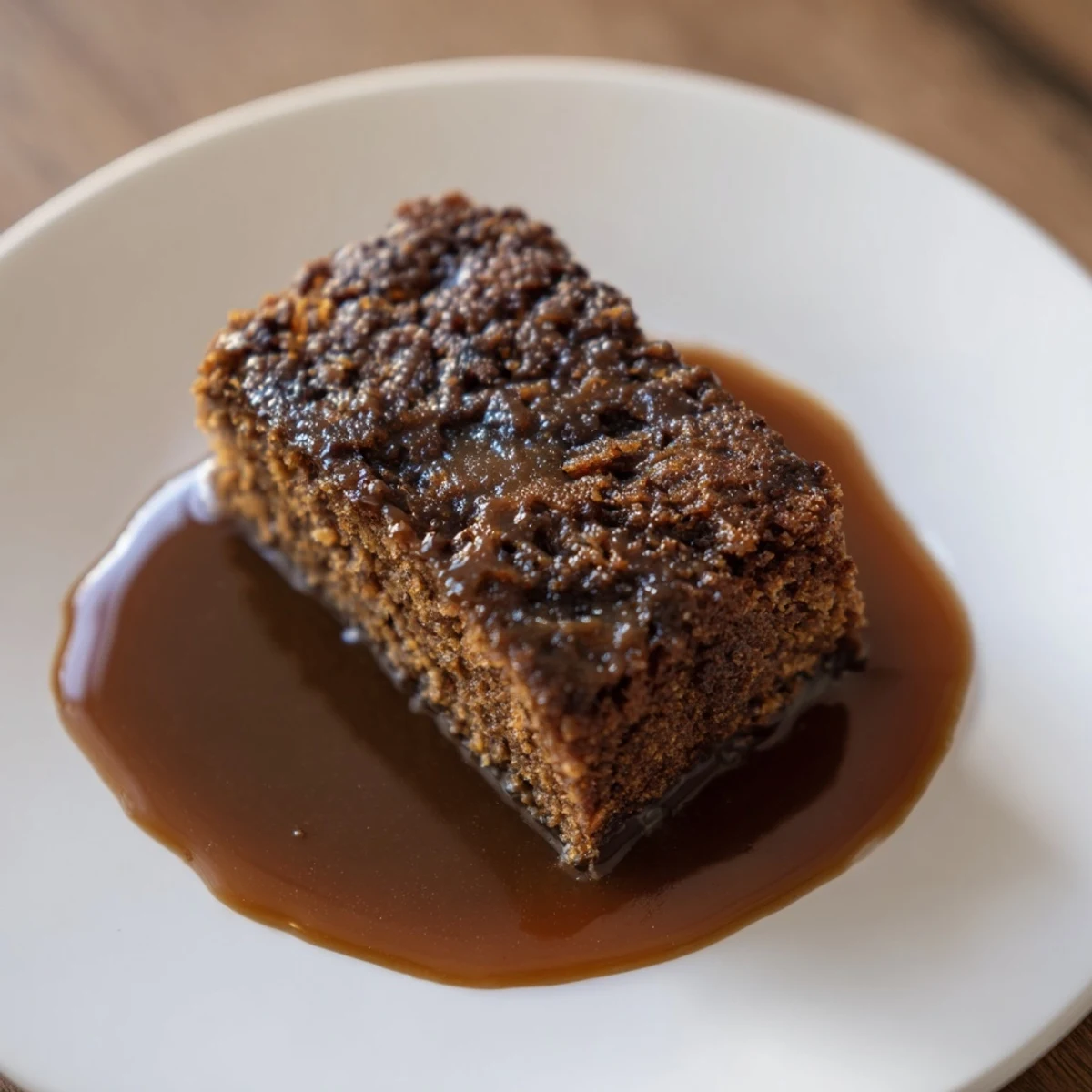 Warm, golden slice of Weekend Cabin-Style Sticky Toffee Pudding, drizzled with glossy caramel sauce.