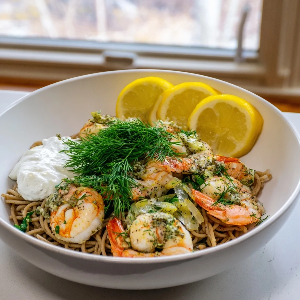 Light & bright Lemon Herb Shrimp Scampi, beautifully plated, with juicy shrimp and fresh herb sauce, ready to eat.
