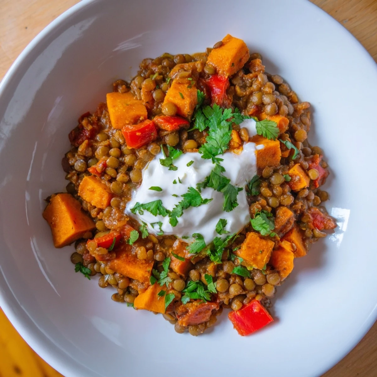A close-up shot of hearty Wheat-Warm Lentil Curry, a savory meal ready to be enjoyed with crusty bread.