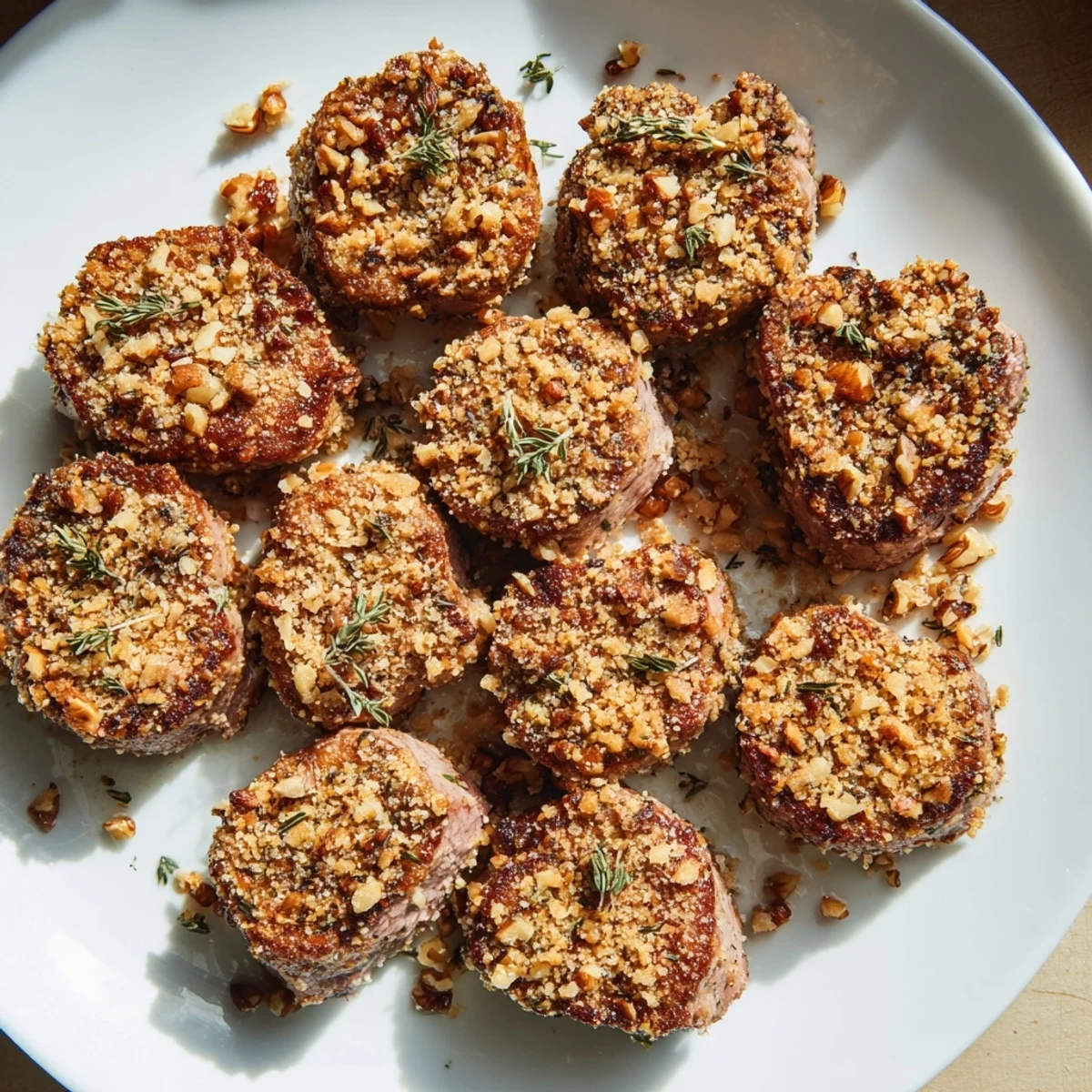 Sliced and steaming, the Thyme and Pecan Crusted Pork Tenderloin rests before serving with roasted vegetables.