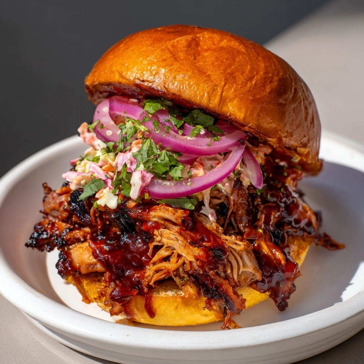 Fire-Kissed BBQ Pulled Pork Sandwiches: Tender, smoky pulled pork piled high on a toasted bun, ready to eat.