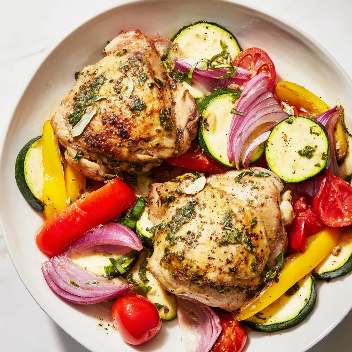 A flavorful sheet pan dinner photo with perfectly roasted basil-soft chicken and vibrant vegetables, ready to serve.
