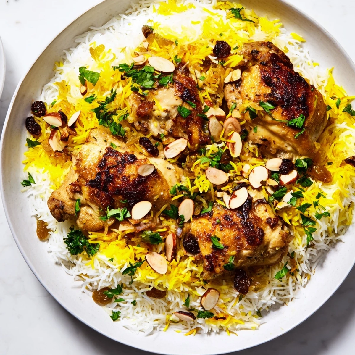 Golden, fragrant Saffron Chicken and Rice Pilaf, a comforting one-pot meal, ready to serve and enjoy.