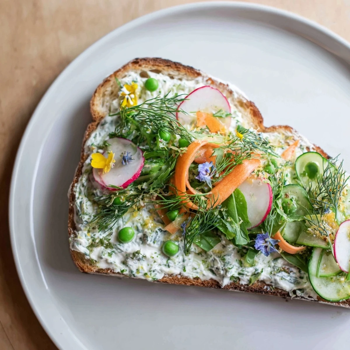 Fresh Meadow-Inspired Garden Vegetable Tartines: Colorful veggies layered on toasted bread with creamy herbed cheese.