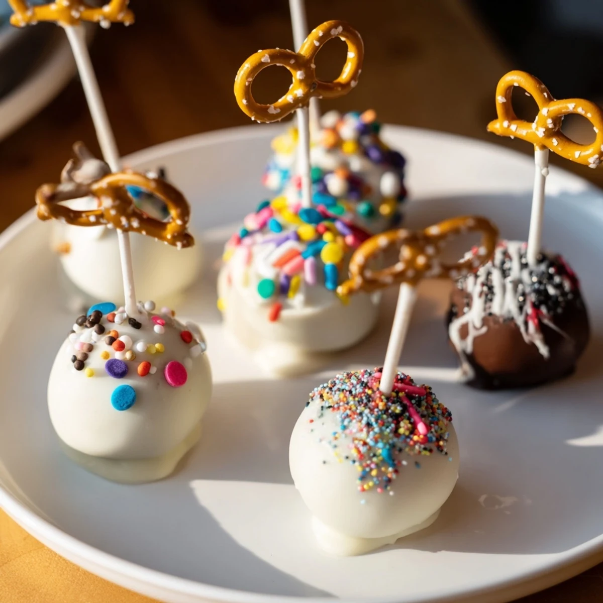 Close-up of golden-dusted Ornament Ball Cake Pops, a delicious eye-catching treat made for sharing.