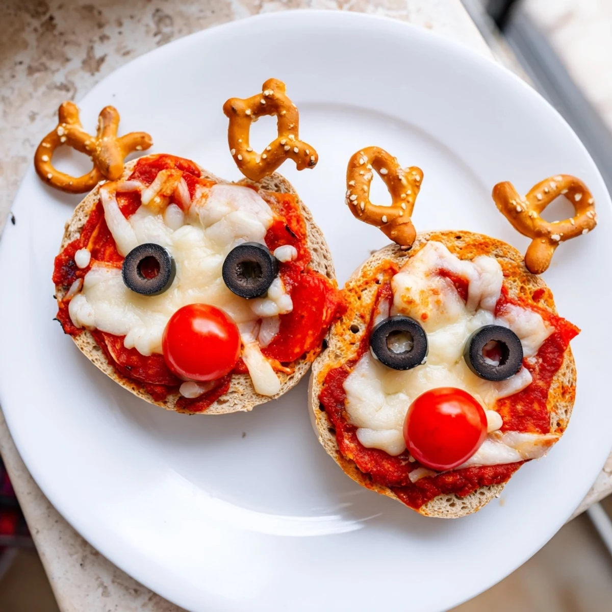 Warm and cheesy reindeer face pizza bagels with pretzel antlers, ready for a festive lunch.