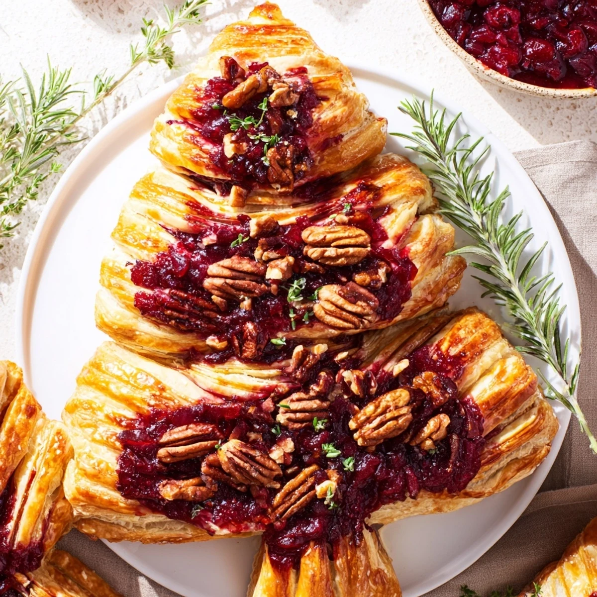 Golden, flaky Brie en Croûte Pine Tree, baked until bubbly, filled with cranberry and pecans, ready to serve warm.