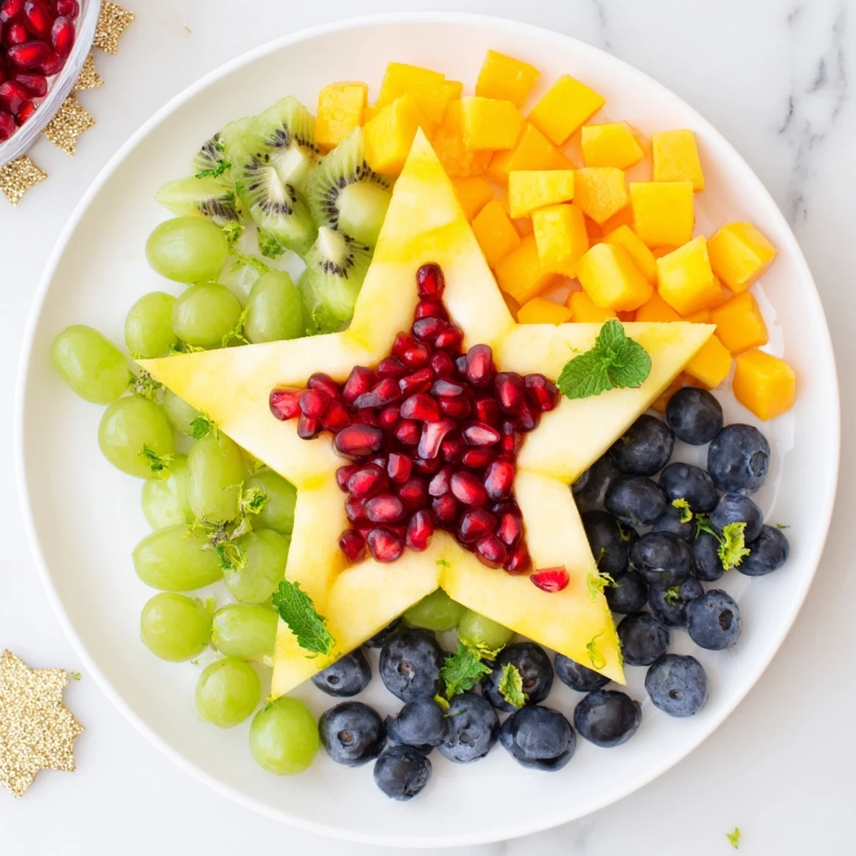 Vibrant Pomegranate and Mint Star Fruit Platter with glistening pomegranate seeds and fresh mint.