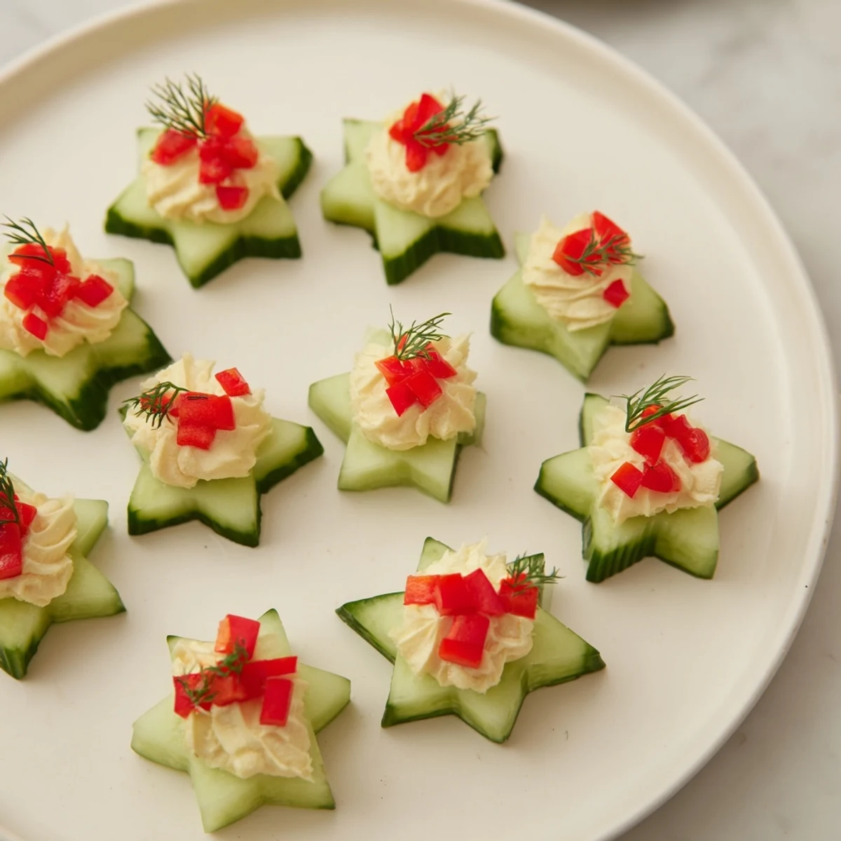 Crisp Cucumber and Dill Christmas Stars: creamy cheese piped atop star-shaped cucumber slices, garnished with red pepper.
