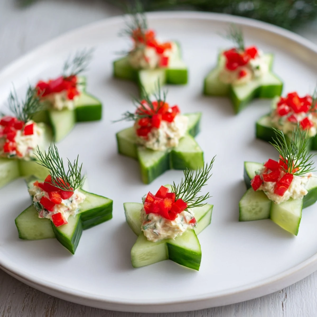 Festive Cucumber and Dill Christmas Stars arranged for serving, a visually appealing vegetarian appetizer perfect for holidays.
