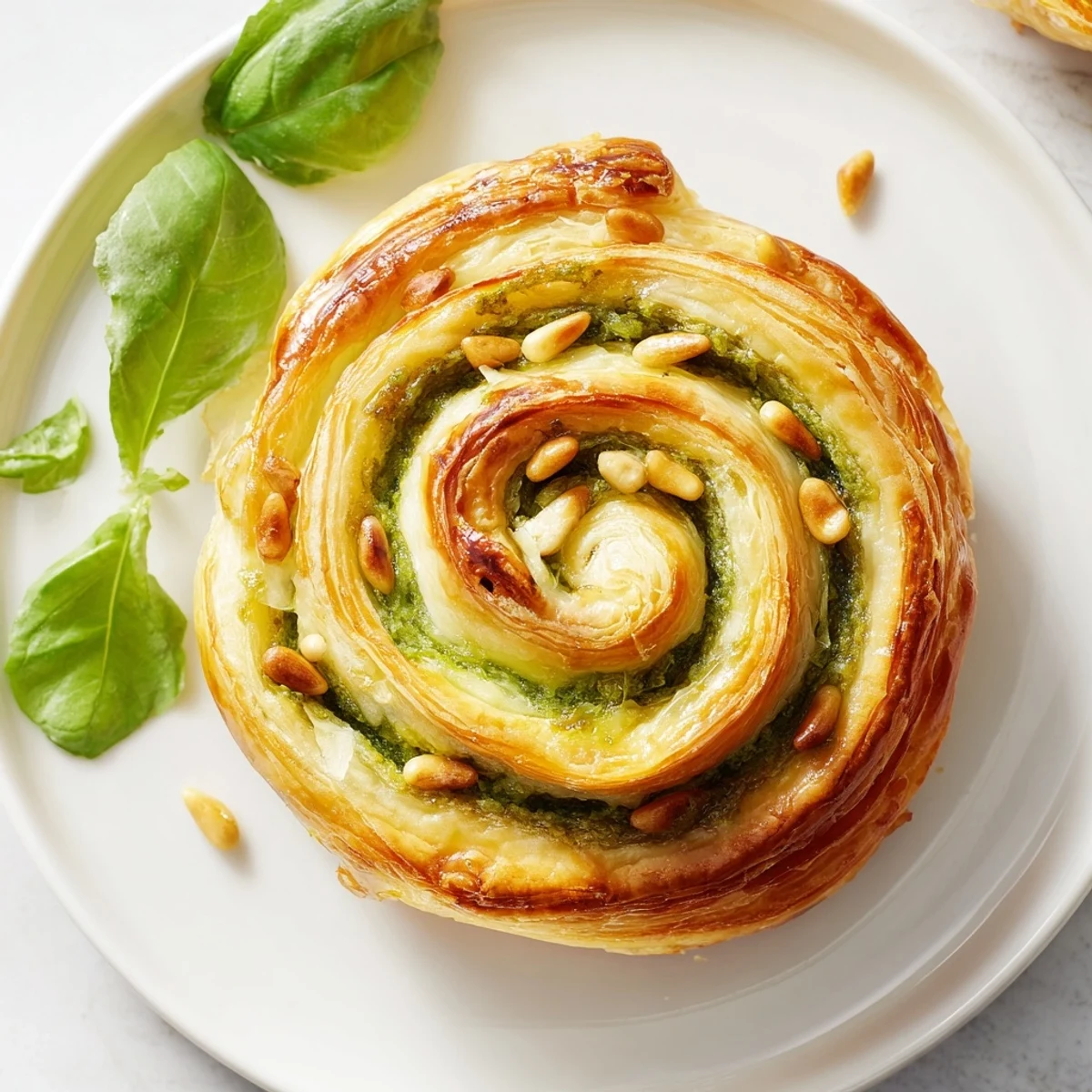 Close-up of baked pesto-filled Savory Bites: Star-Shaped Pesto Pinwheels, dotted with toasted pine nuts.