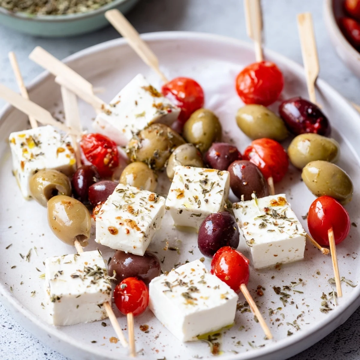 Freshly assembled Holiday Cheers Olive and Feta Skewers, drizzled with olive oil and seasoned for a flavorful bite.