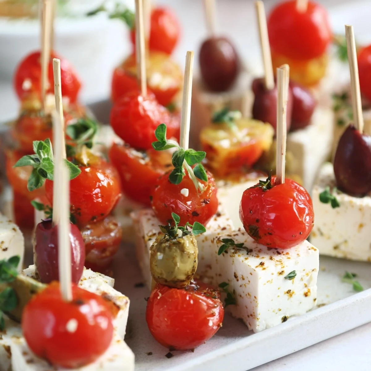 Holiday Cheers Olive and Feta Skewers: vibrant appetizer skewers with feta, olives, and bright red cherry tomatoes.