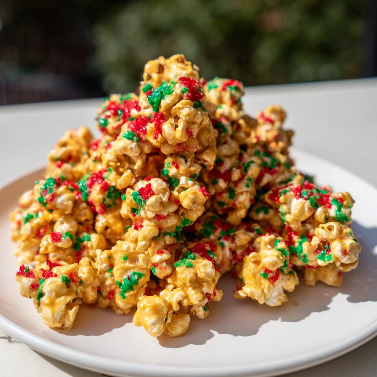 Vibrant, festive popcorn piles glistening with red and green sprinkles, perfect for holiday snacking.