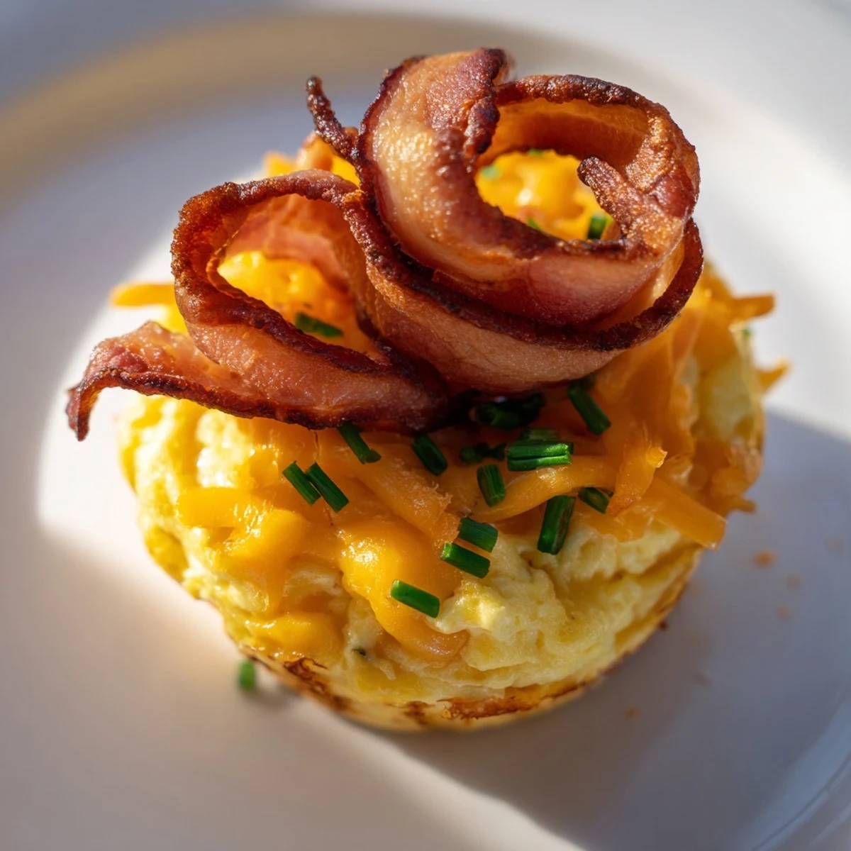 Golden brown Scrambled Egg Cups with crispy bacon: a delicious brunch side ready to enjoy.