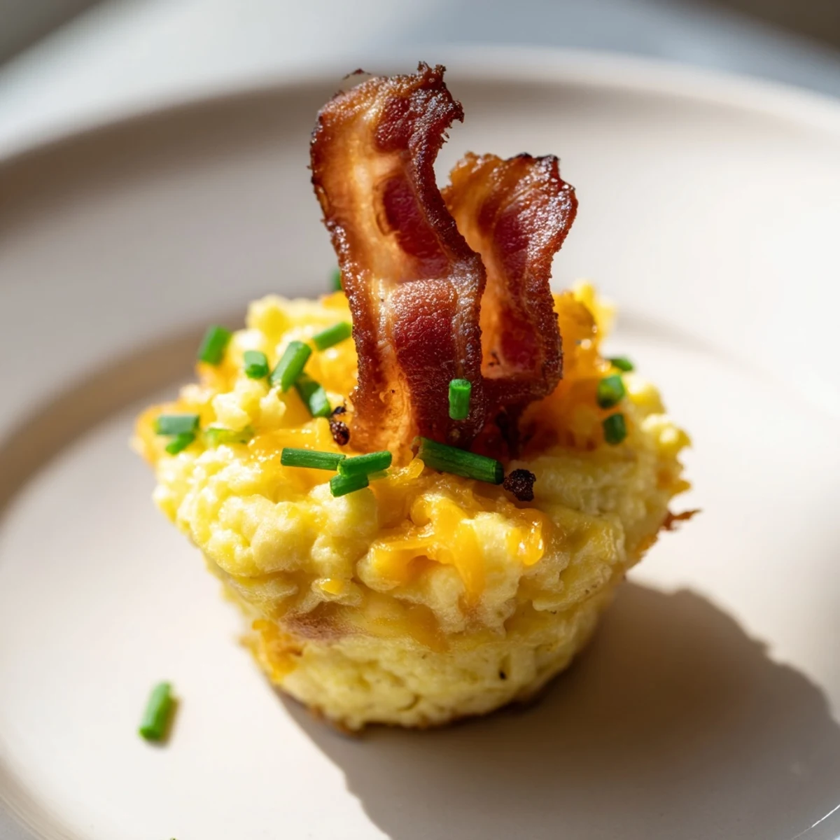 Savory Scrambled Egg Cups, topped with bacon spirals: a flavorful, crowd-pleasing American dish.