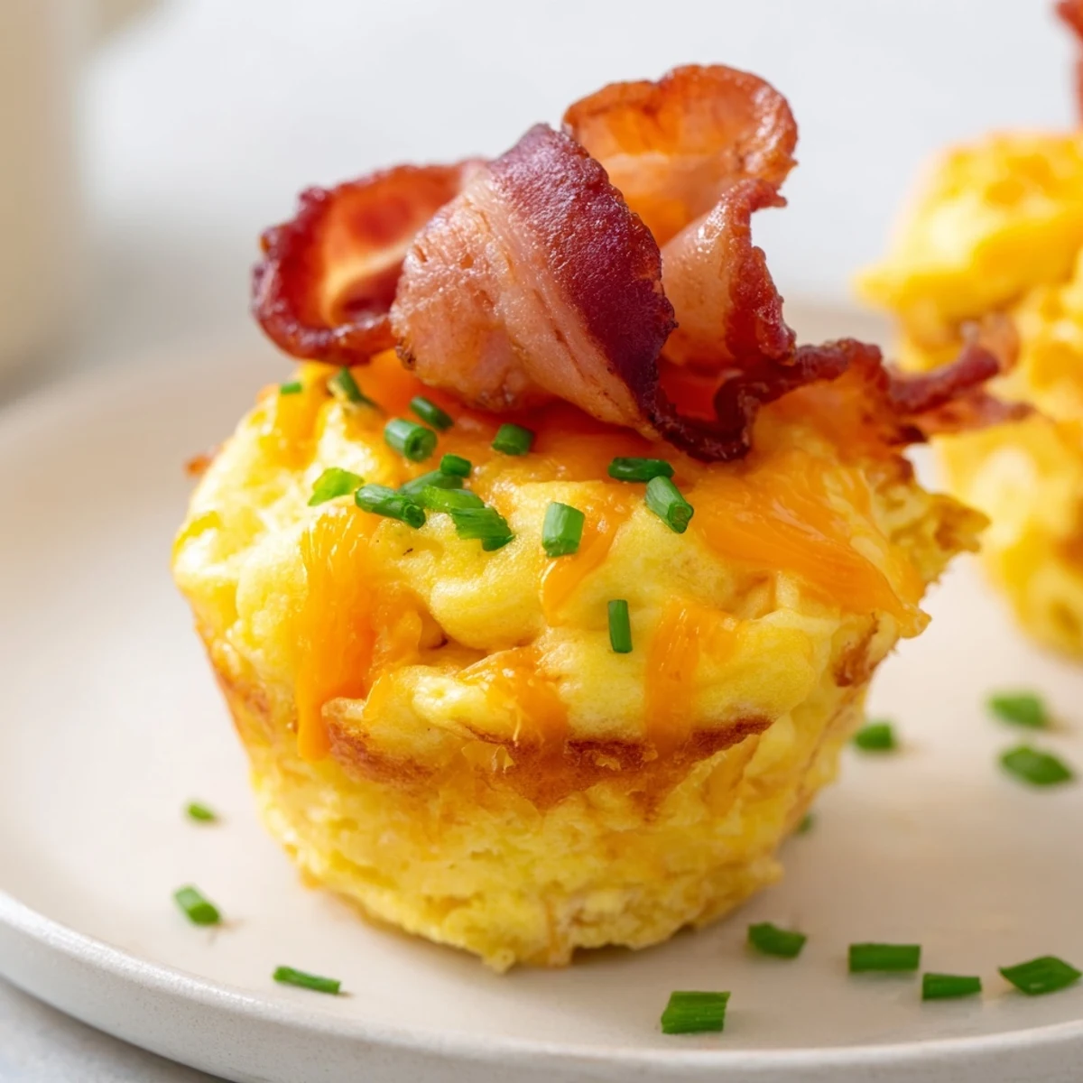 Fluffy baked Scrambled Egg Cups, garnished with bacon, perfect for a savory, easy breakfast.