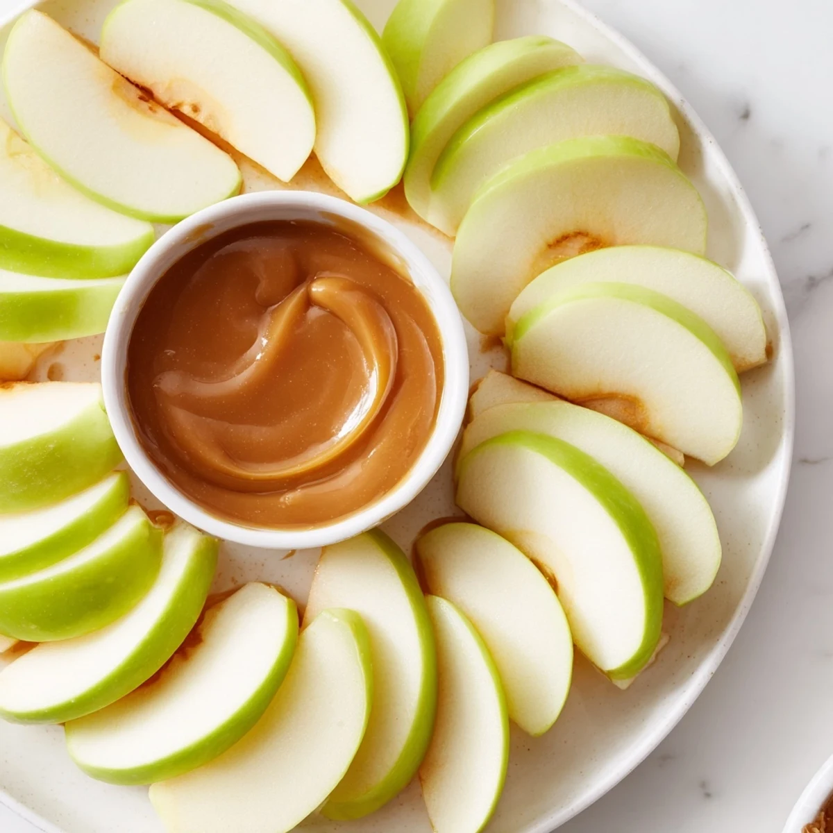 Cool, amber-colored caramel dip surrounded by arranged apple slices for dipping pleasure.