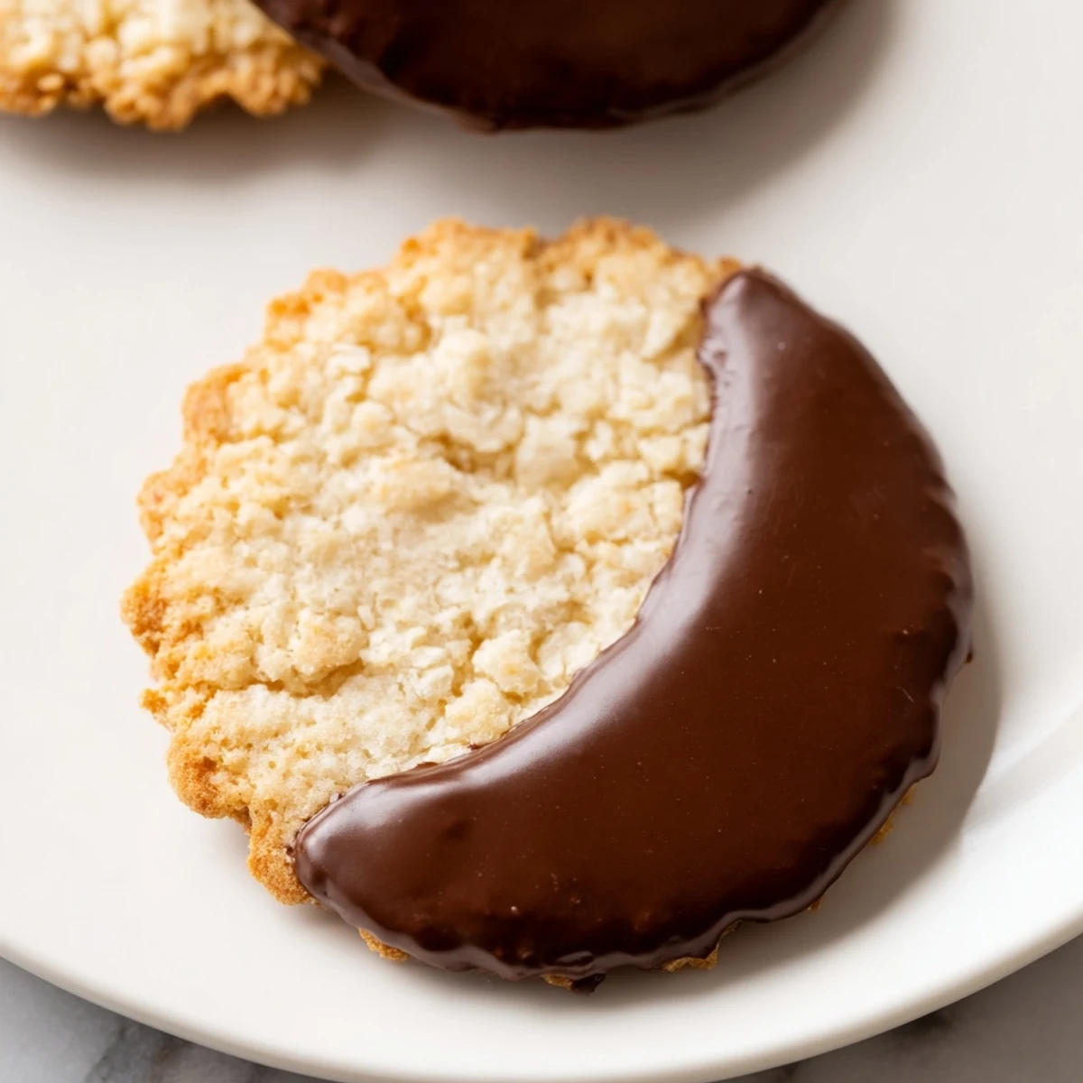 Freshly dipped simple cookies, showcasing crunchy vanilla wafers and glossy, melted chocolate with sprinkles.