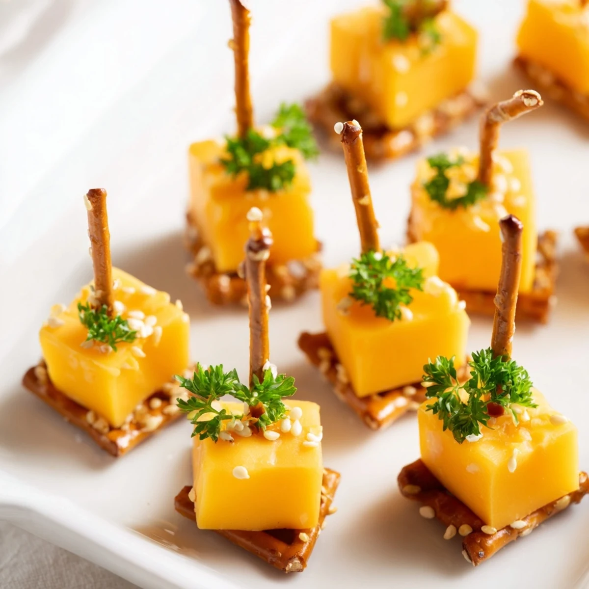 Delicious cheddar cheese sparkler appetizer: bite-sized cheese cubes and pretzels, ideal for New Year's Eve treats.