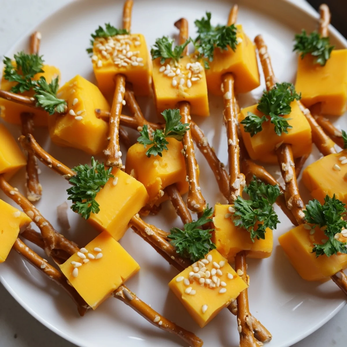 Sharp cheddar cheese cubes on pretzel sticks, a festive NYE cheese sparkler appetizer ready to serve.