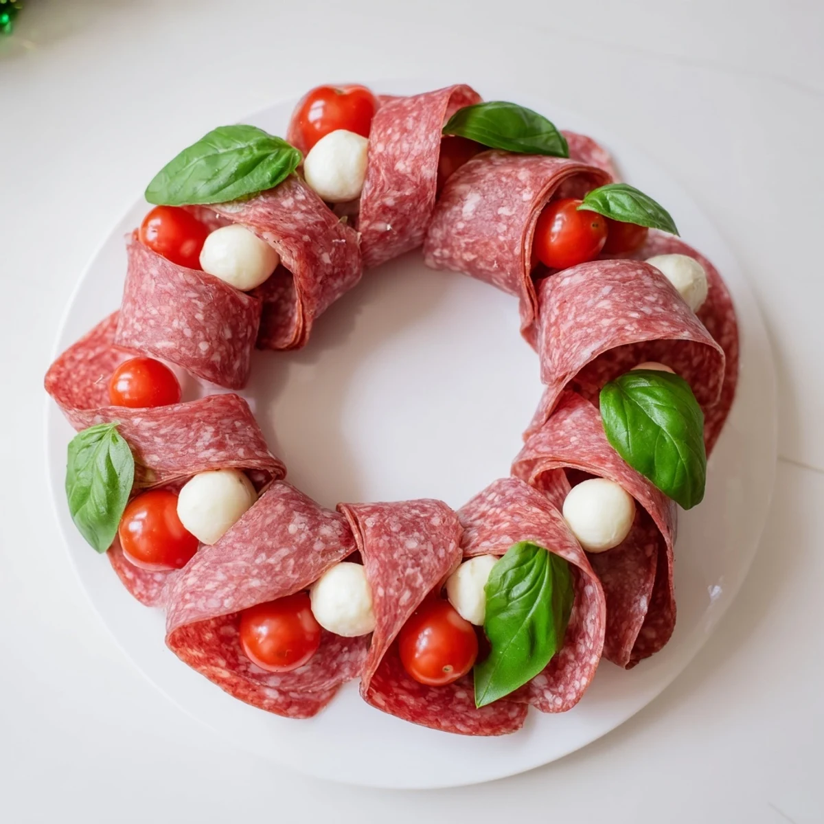 Folded salami wreath arranged with mozzarella and tomatoes offers a colorful appetizer.