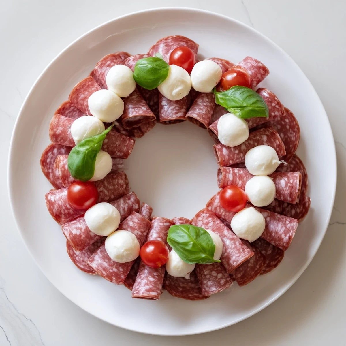 Easy folded salami wreath recipe showcases a delicious and vibrant charcuterie board centerpiece.