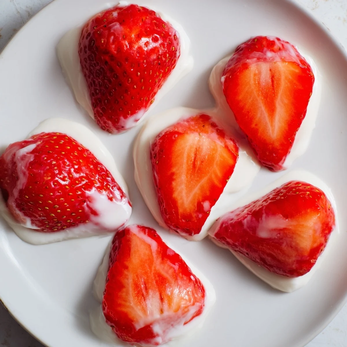 Creamy yogurt-dipped strawberry halves are a refreshing, simple, and healthy dessert.