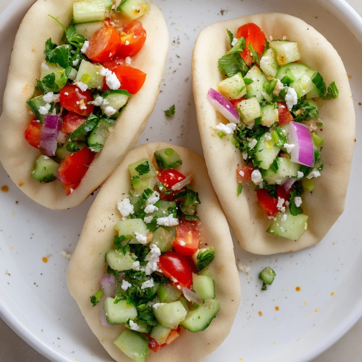 Warm mini pita pockets filled with fresh vegetables and creamy hummus bowls on a board.
