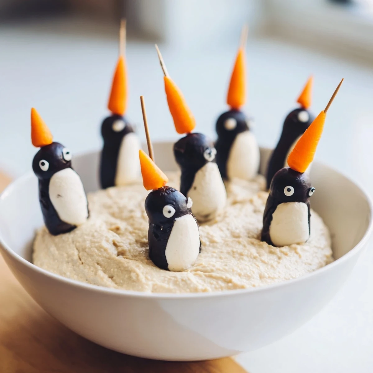 Creamy Winter Dip, a white bean dip with cute olive penguin garnishes, ready to serve.