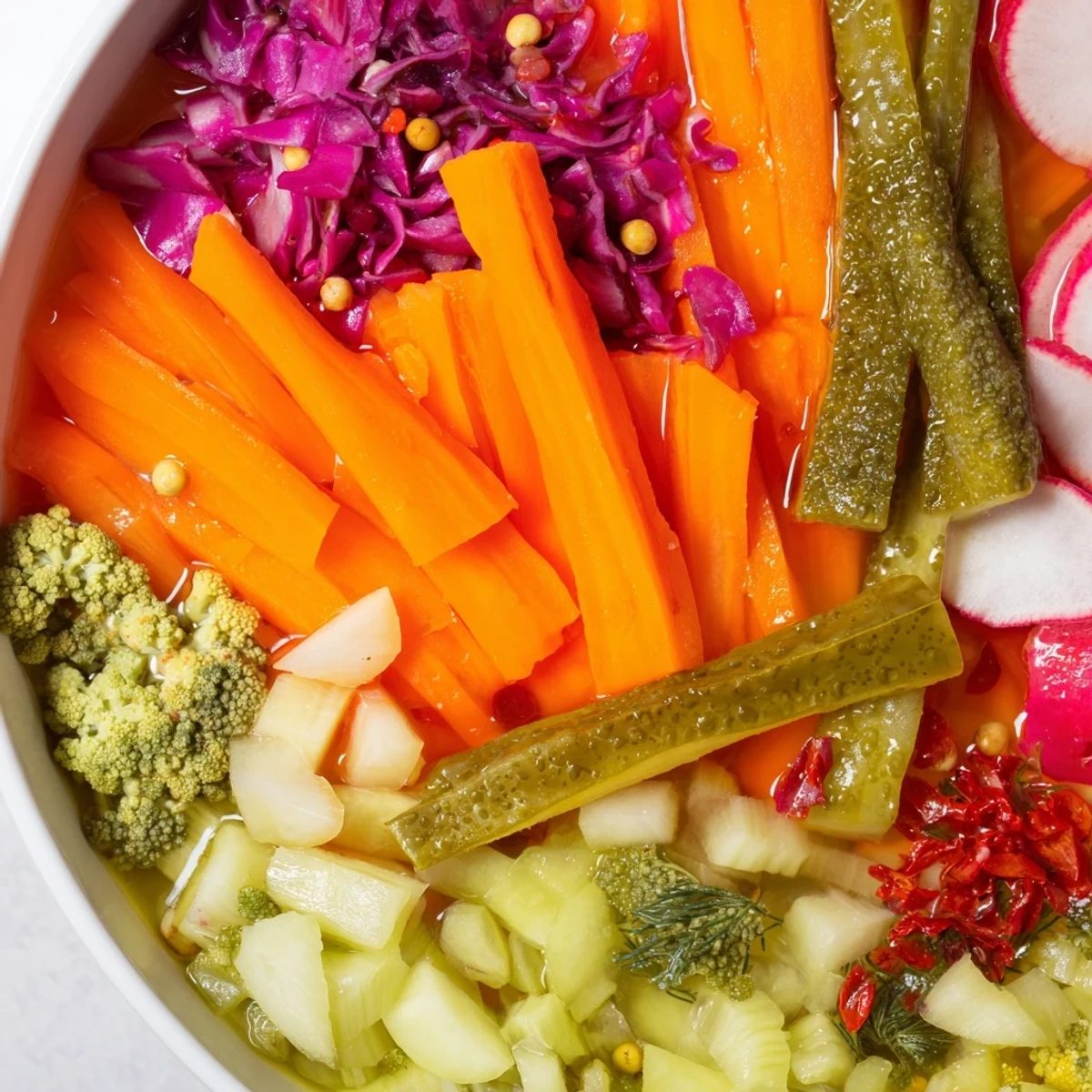 Vibrant platter of The Pickled & Fermented Feast showcases colorful, tangy vegetables, ready to serve.