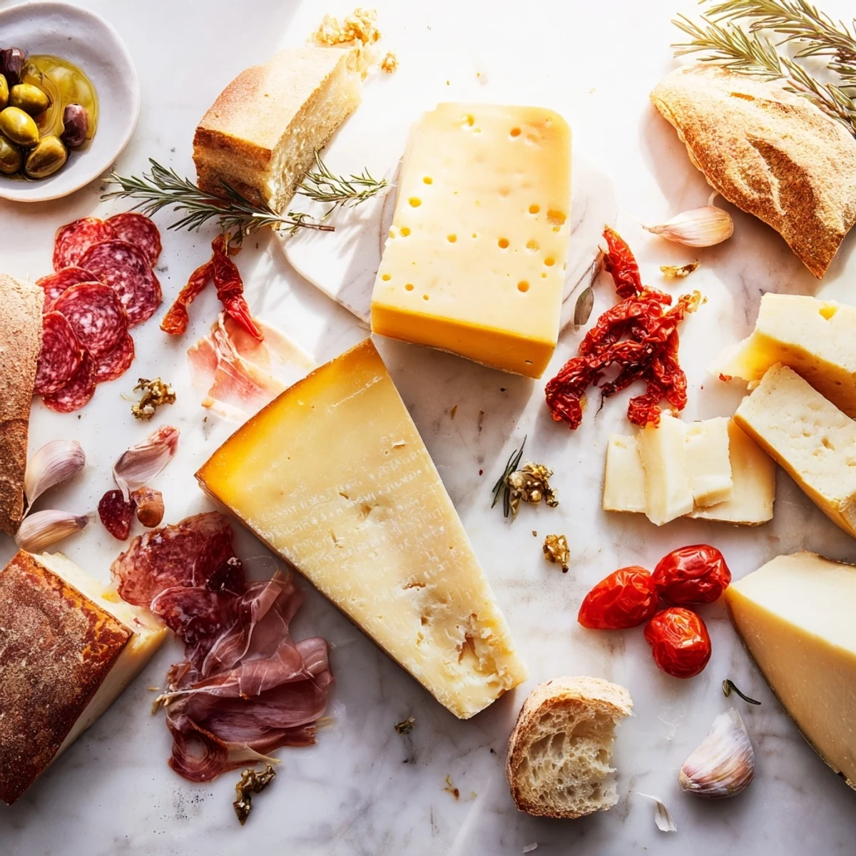 Rustic Italian Farmhouse Board displays a gorgeous, colorful spread of artisan cheeses and meats.